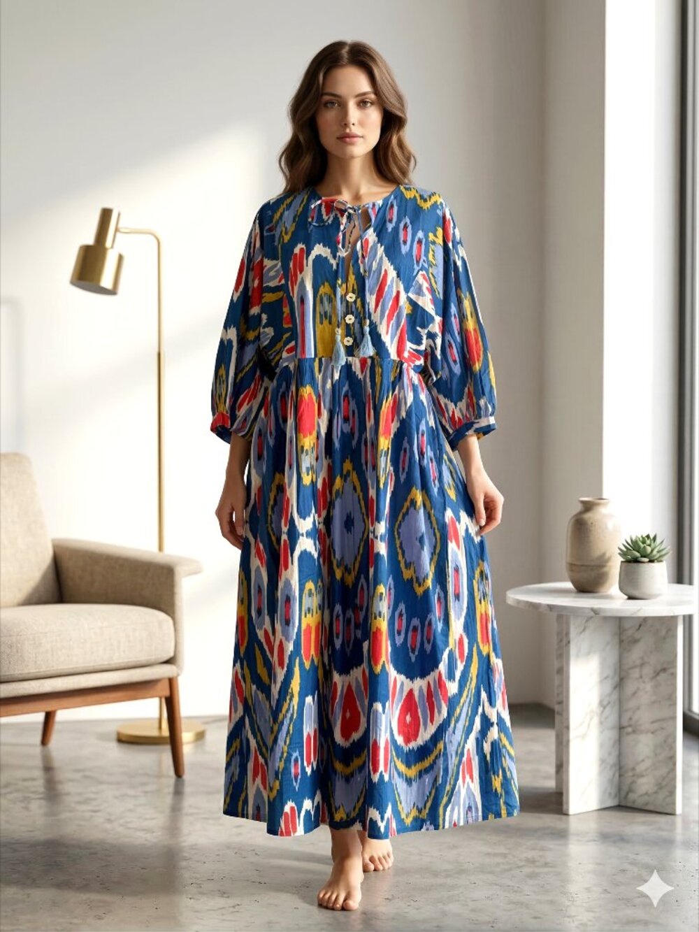 Rainbow Hand Block Print Kyra Midi Dress Bohemian Cotton Dress Dresses for Women